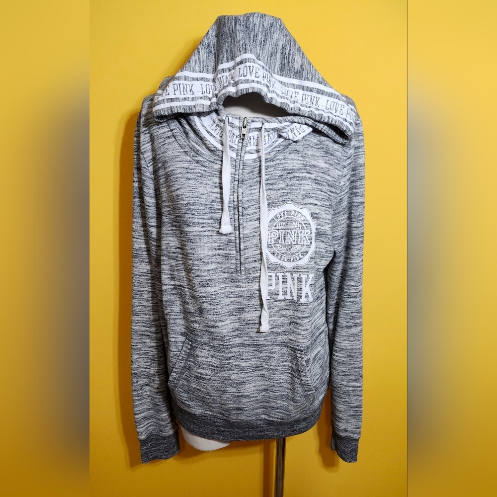 Victoria's Secret PINK Marled Gray Logo Pullover Sweatshirt w Hood Women's Sz L